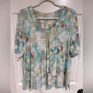 TanJay Women's 1X Short Sleeve Top Watercolor Abstract Floral Blue Multi